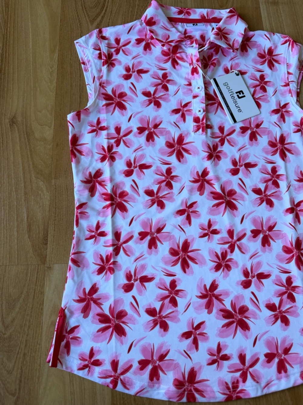 FootJoy NWT women’s cap sleeves floral shirt white red pink size XS super soft - Picture 4 of 8
